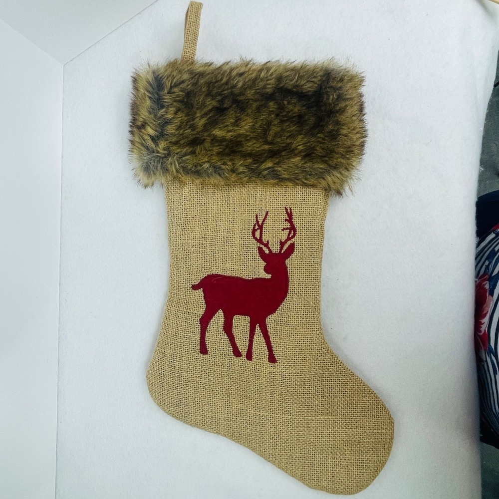 Unbranded Christmas Stocking OS Reindeer Tan Red Burlap Faux Fur Rustic Exc